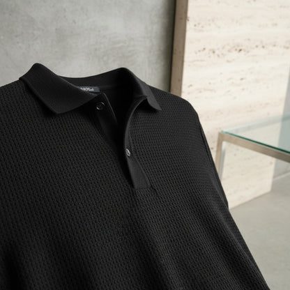 Short Sleeve Cotton Polo Shirt - Black - Back View