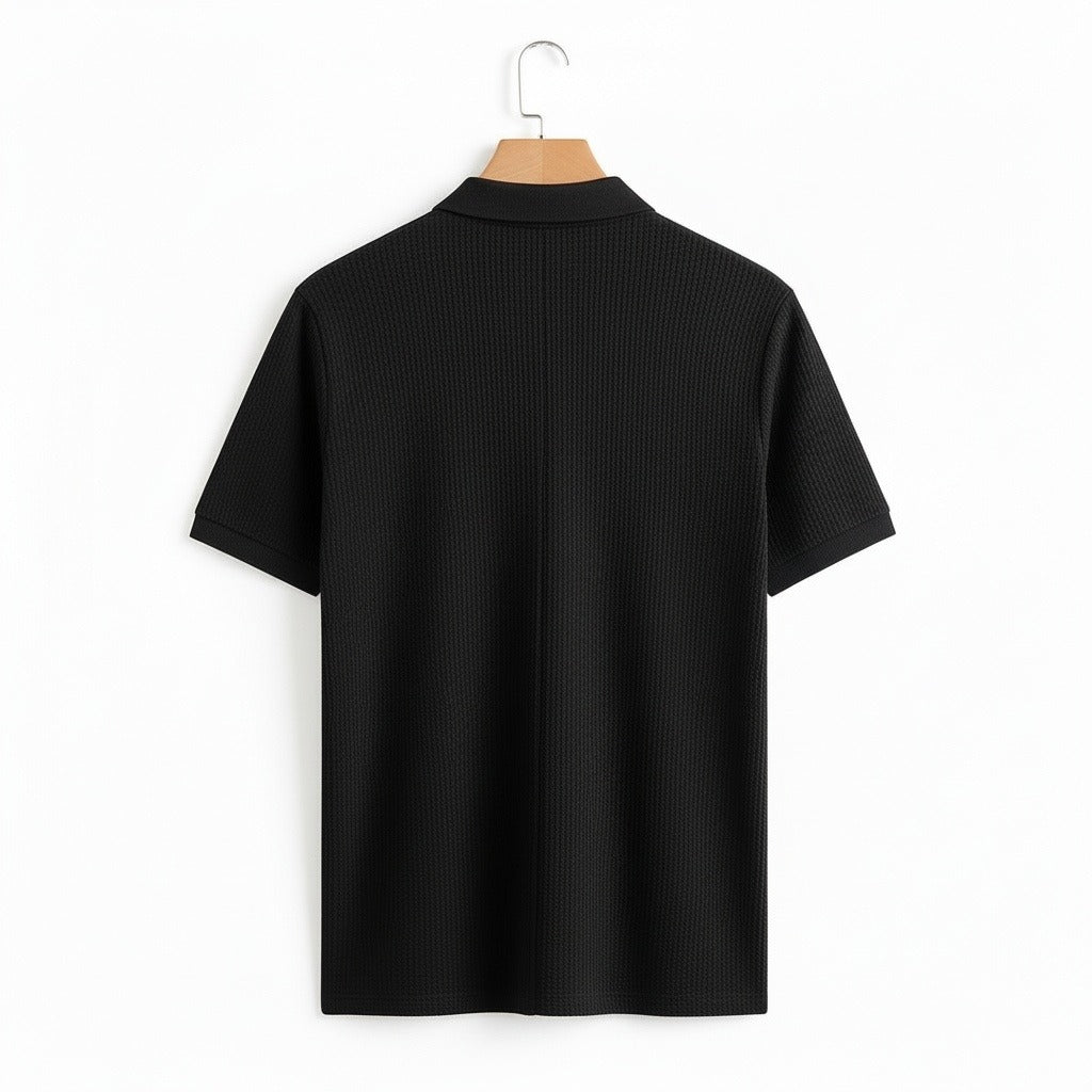 Short Sleeve Cotton Polo Shirt - Black - Fabric Detail