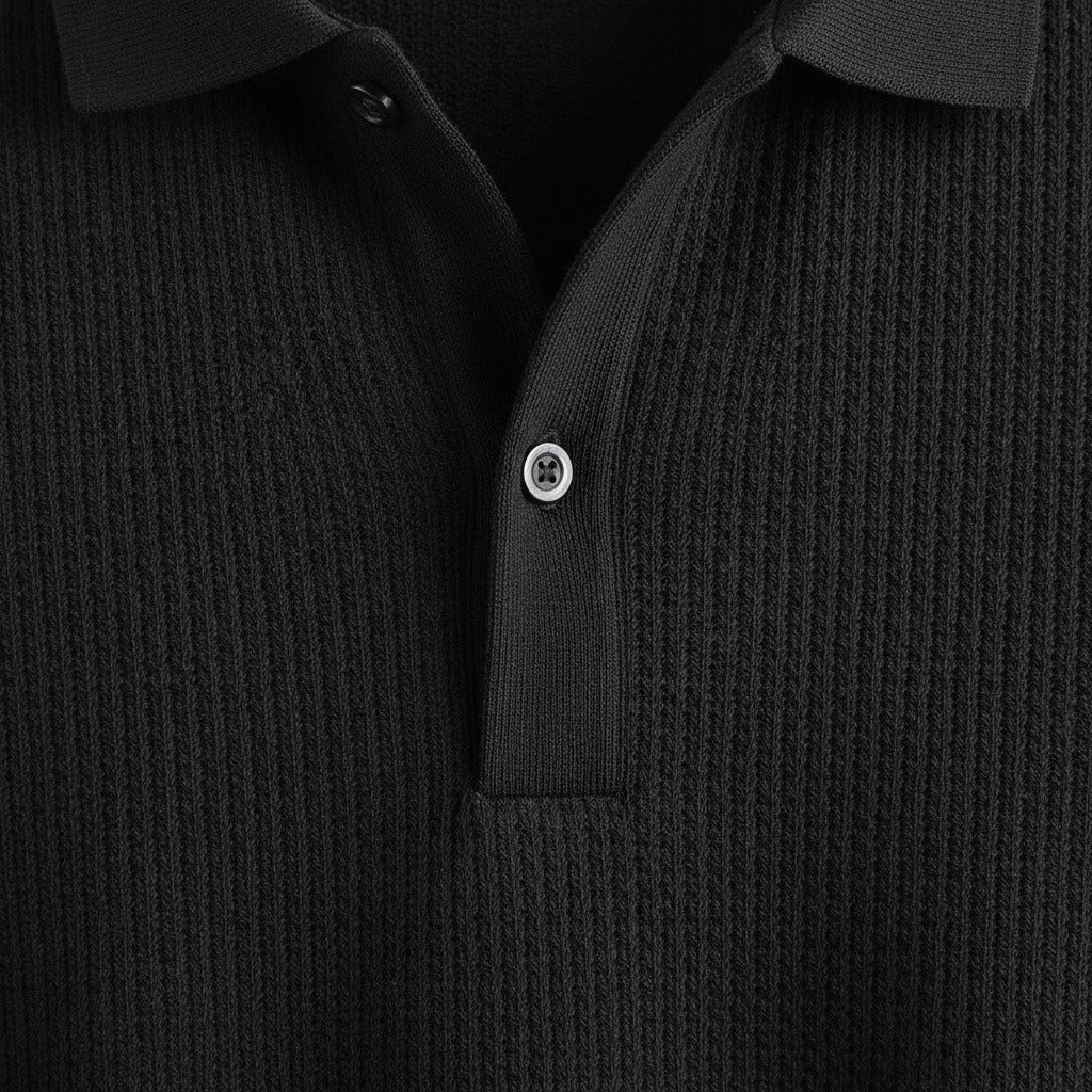 Short Sleeve Cotton Polo Shirt - Black - Texture Close Up