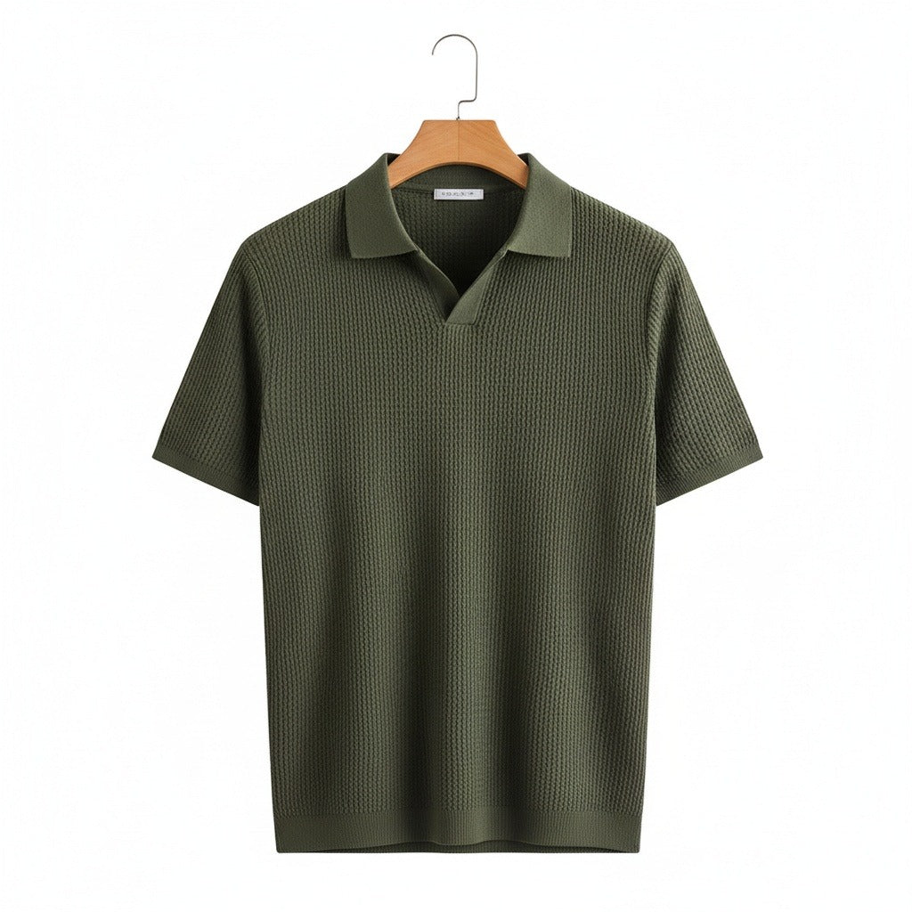 Short Sleeve Cotton Polo Shirt - Olive Green - Front View
