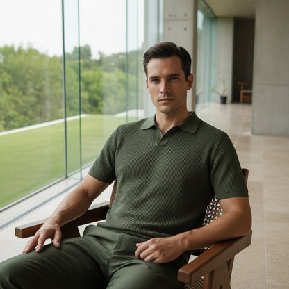 Short Sleeve Cotton Polo Shirt - Olive Green - Side Profile