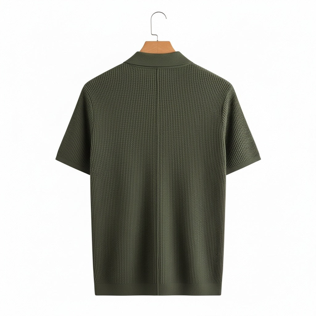 Short Sleeve Cotton Polo Shirt - Olive Green - Fabric Detail