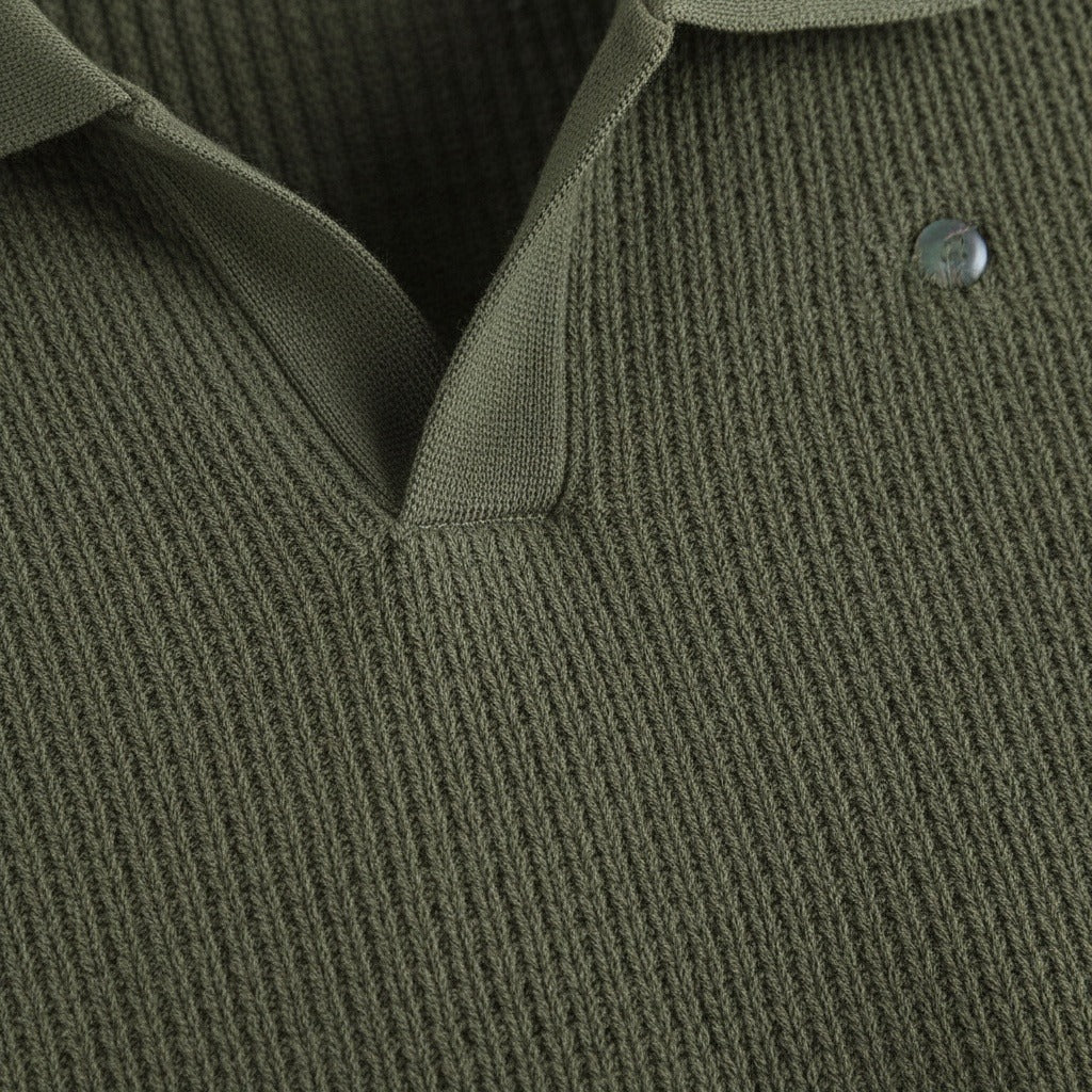 Short Sleeve Cotton Polo Shirt - Olive Green - Texture Close Up