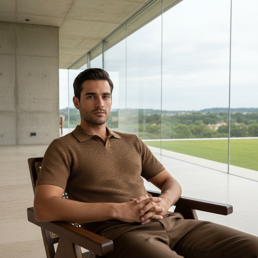 Short Sleeve Cotton Polo Shirt - Brown - Side Profile