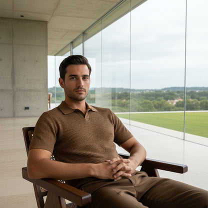 Short Sleeve Cotton Polo Shirt - Brown - Side Profile