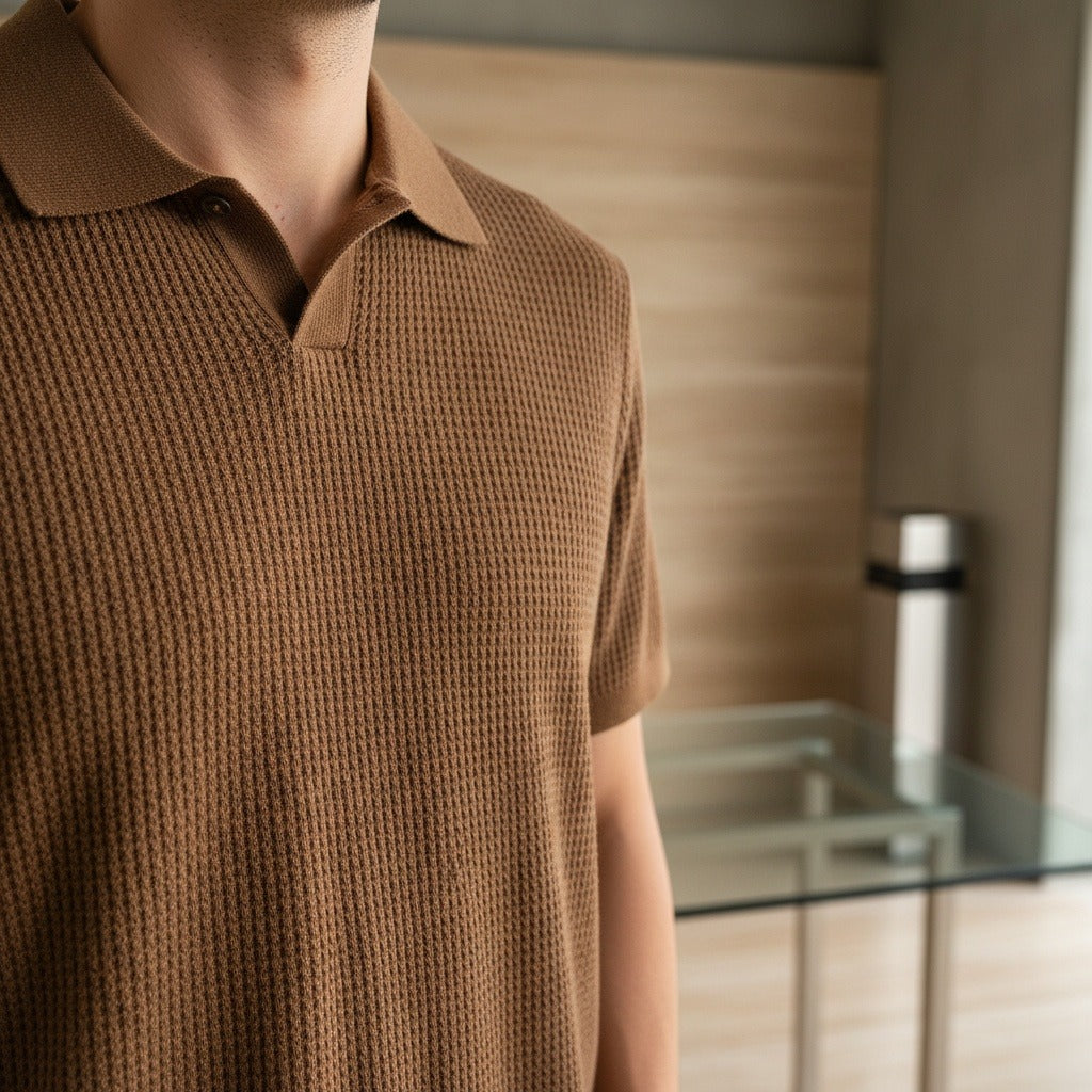 Short Sleeve Cotton Polo Shirt - Brown - Back View
