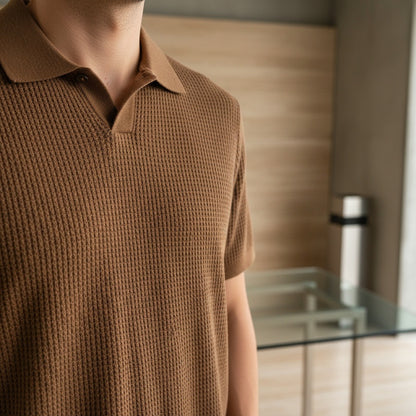 Short Sleeve Cotton Polo Shirt - Brown - Back View