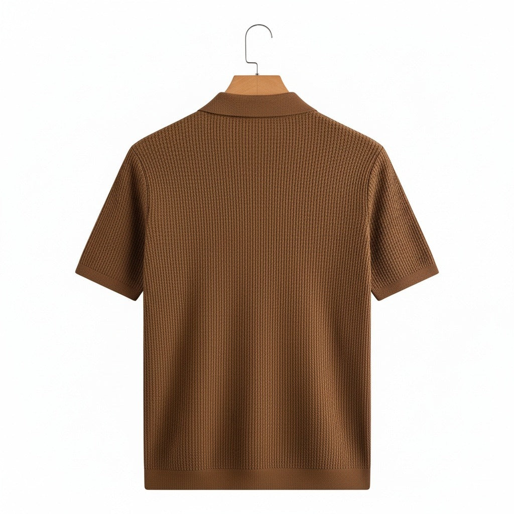 Short Sleeve Cotton Polo Shirt - Brown - Fabric Detail