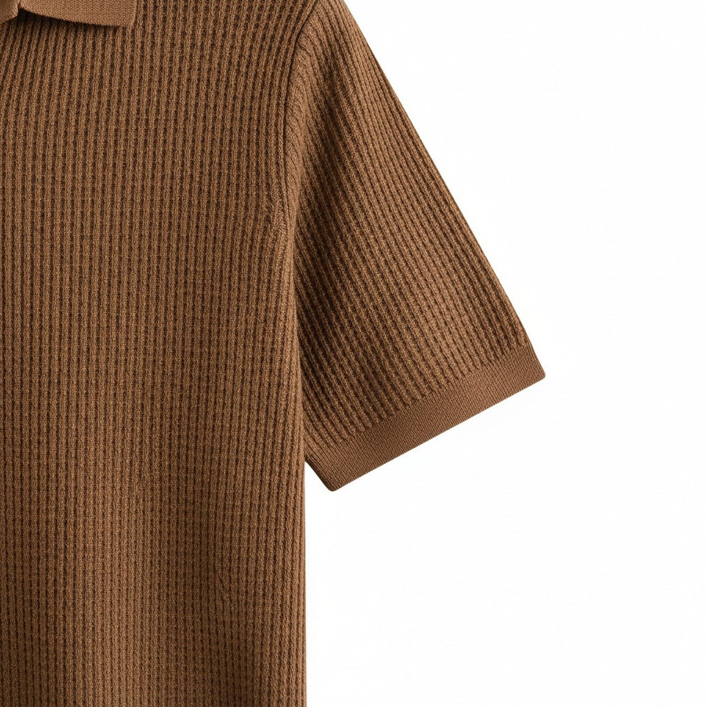 Short Sleeve Cotton Polo Shirt - Brown - Texture Close Up