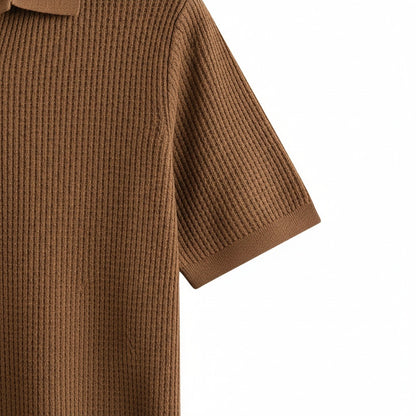 Short Sleeve Cotton Polo Shirt - Brown - Texture Close Up