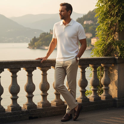 Short Sleeve Cotton Polo Shirt - White - Angled Shot