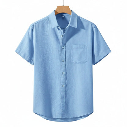 Short Sleeve Cotton Shirt - Light Blue - Front View