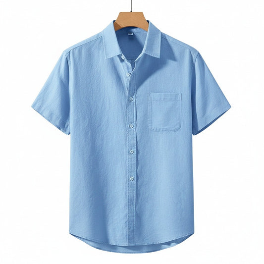 Short Sleeve Cotton Shirt - Light Blue - Front View