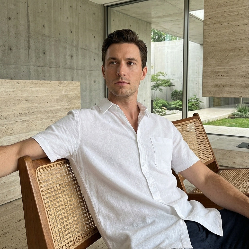 Short Sleeve Cotton Shirt - Pearl White - Side Profile