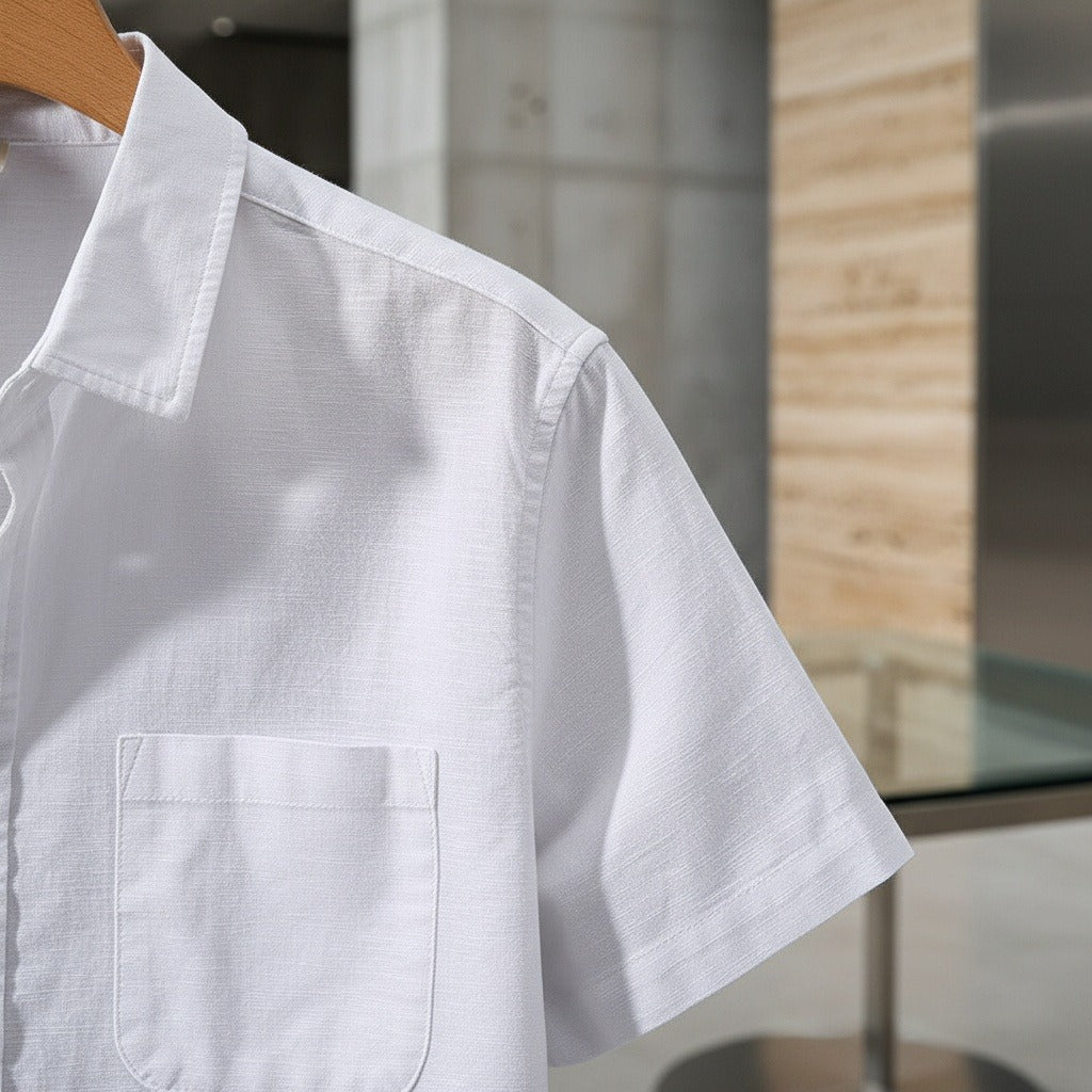 Short Sleeve Cotton Shirt - Pearl White - Back View