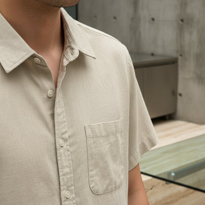 Short Sleeve Cotton Shirt - Sand Beige - Back View
