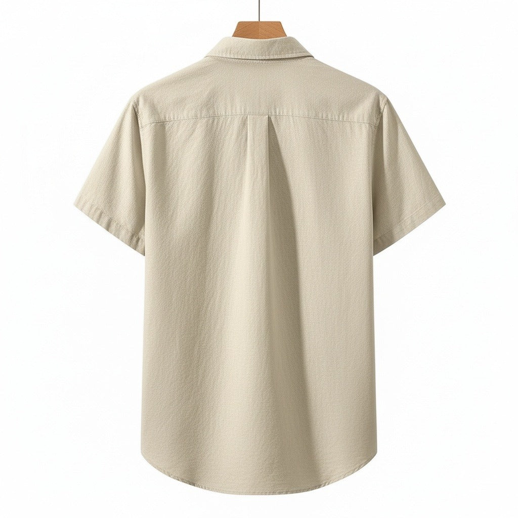 Short Sleeve Cotton Shirt - Sand Beige - Fabric Detail