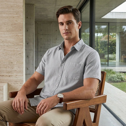 Short Sleeve Cotton Shirt - Cool Gray - Side Profile