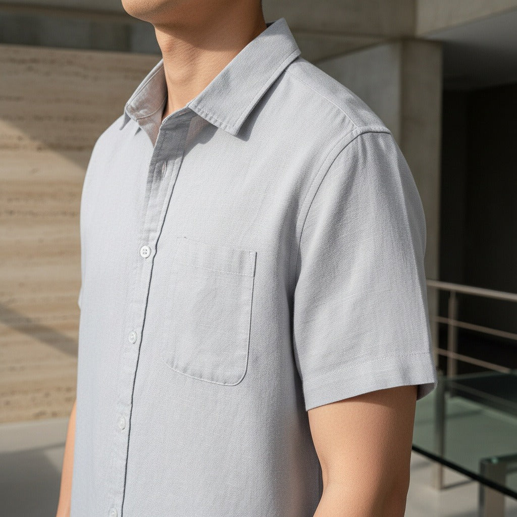 Short Sleeve Cotton Shirt - Cool Gray - Back View