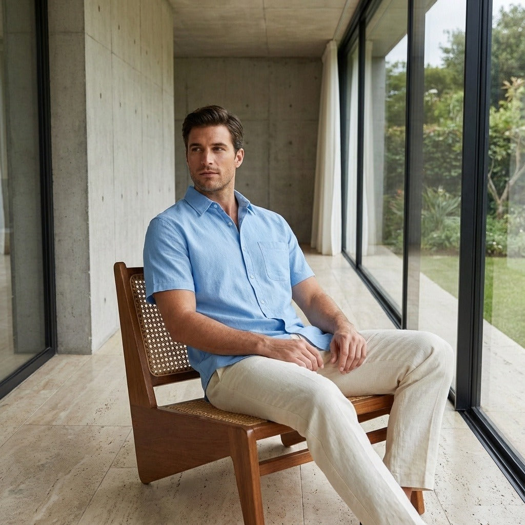 Short Sleeve Cotton Shirt - Light Blue - Side Profile