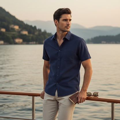 Short Sleeve Cotton Shirt - Ocean Blue - Angled Shot