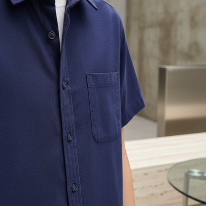 Short Sleeve Cotton Shirt - Ocean Blue - Back View
