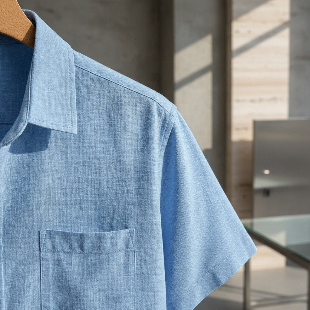 Short Sleeve Cotton Shirt - Light Blue - Back View