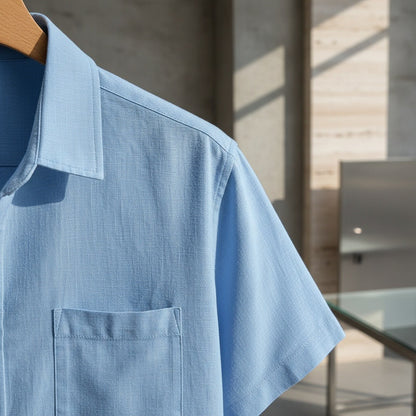 Short Sleeve Cotton Shirt - Light Blue - Back View