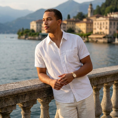 Short Sleeve Cotton Shirt - Pearl White - Angled Shot