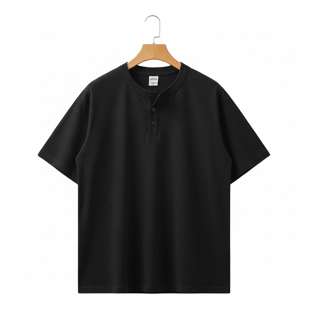 Short Sleeve Henley T Shirt - Black - Front View