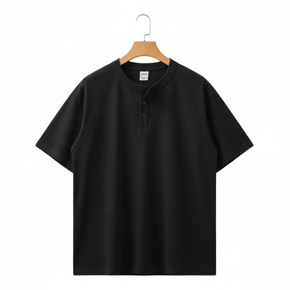Short Sleeve Henley T Shirt - Black - Front View