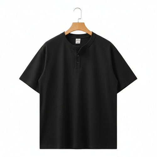 Short Sleeve Henley T Shirt - Black - Front View
