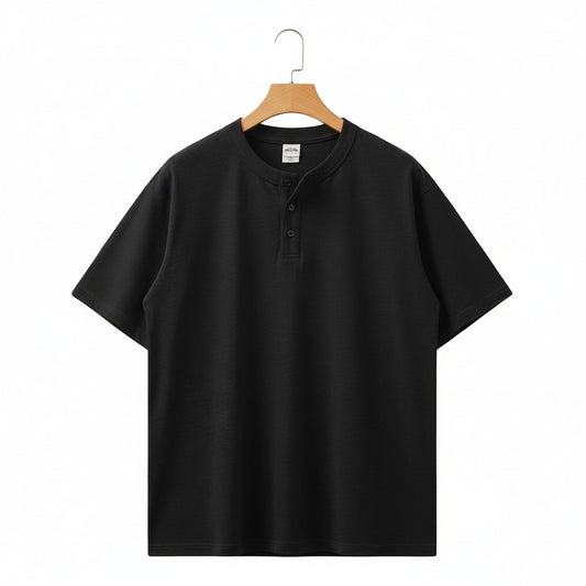 Short Sleeve Henley T Shirt - Black - Front View