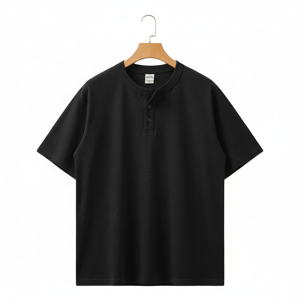 Short Sleeve Henley T Shirt - Black - Front View