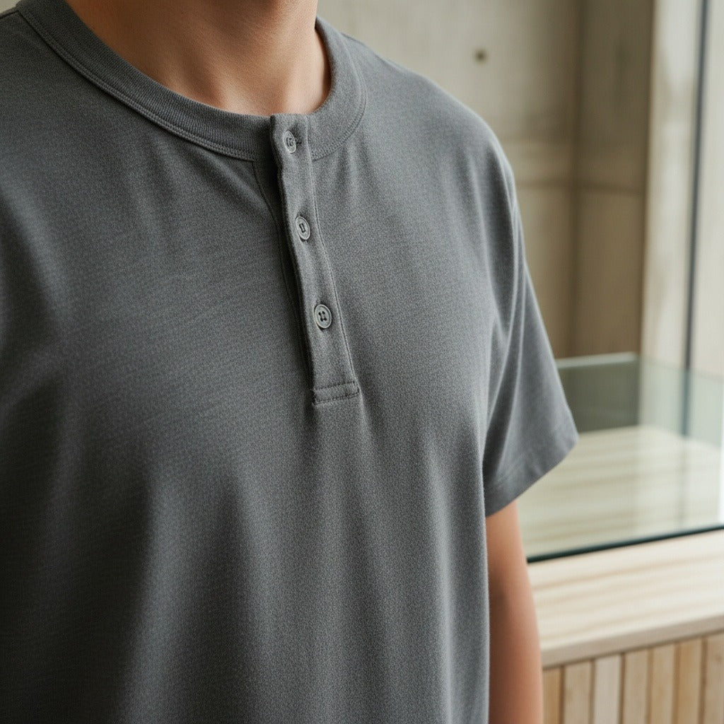 Short Sleeve Henley T Shirt - Charcoal - Back View
