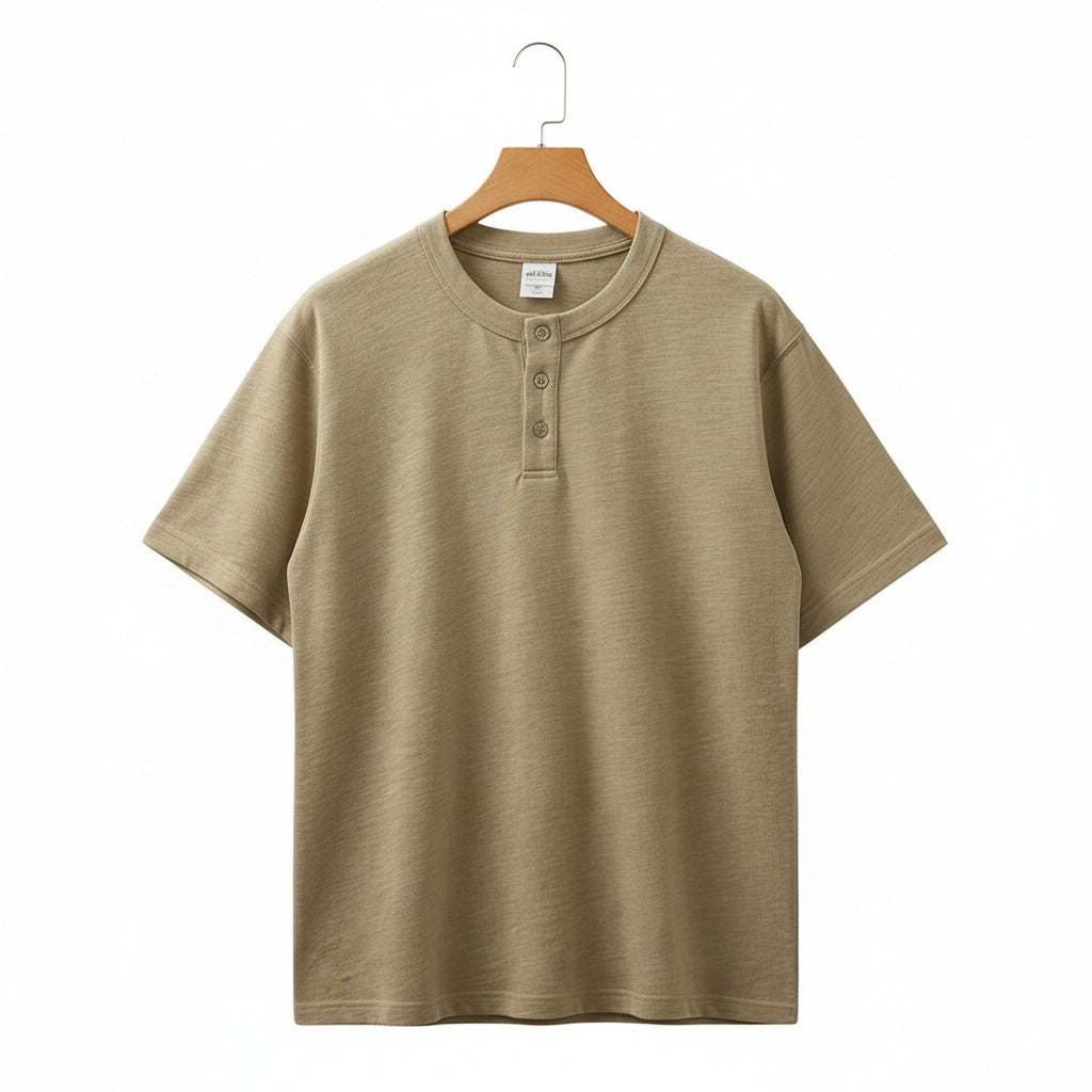 Short Sleeve Henley T Shirt - Sandstone - Front View