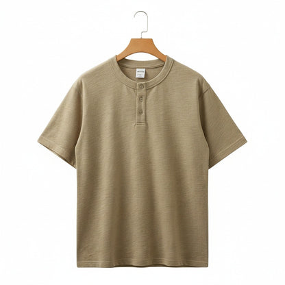 Short Sleeve Henley T Shirt - Sandstone - Front View