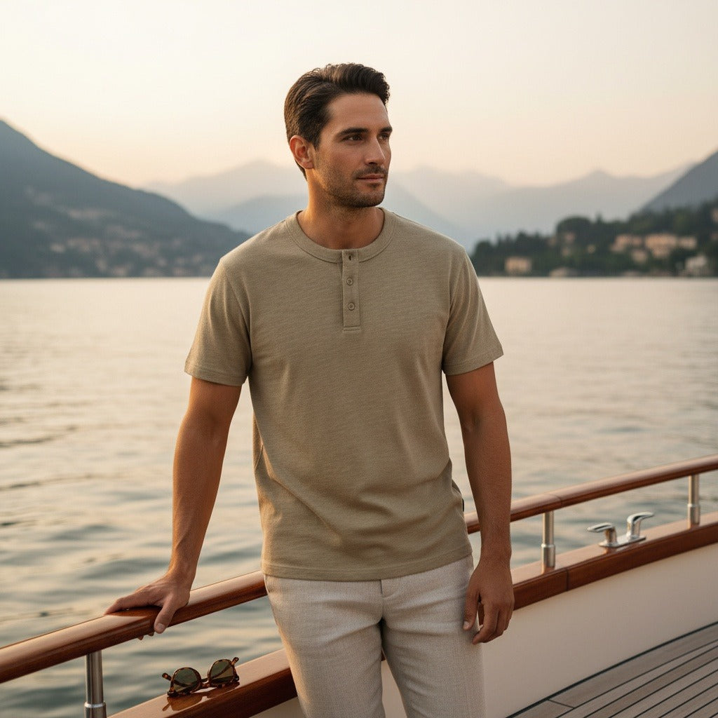 Short Sleeve Henley T Shirt - Sandstone - Angled Shot