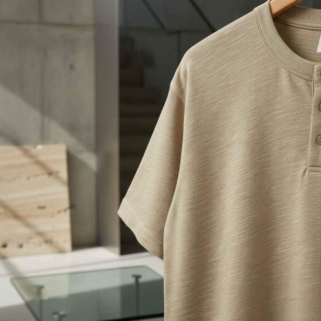Short Sleeve Henley T Shirt - Sandstone - Back View