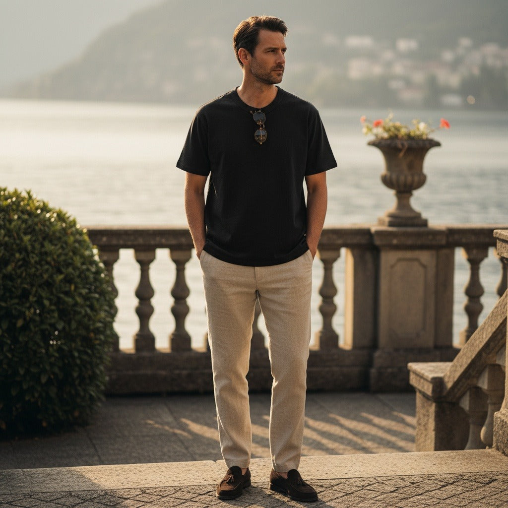 Short Sleeve Henley T Shirt - Black - Angled Shot