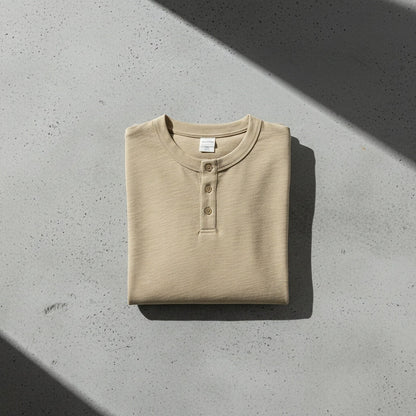 Short Sleeve Henley T Shirt - Sandstone - Lifestyle Inspiration