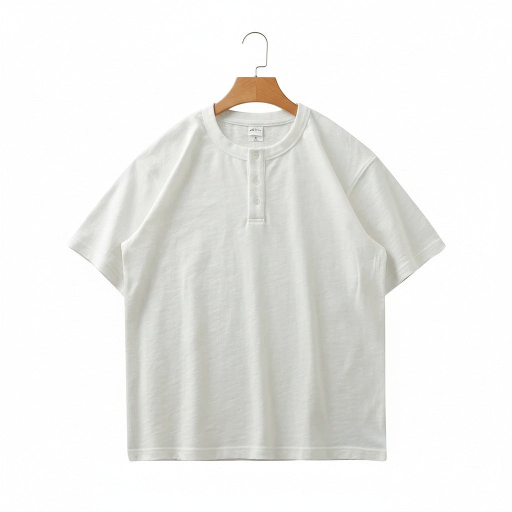 Short Sleeve Henley T Shirt - Ecru - Front View