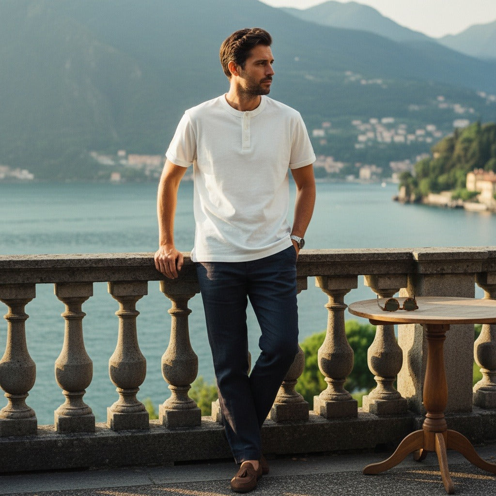 Short Sleeve Henley T Shirt - Ecru - Angled Shot