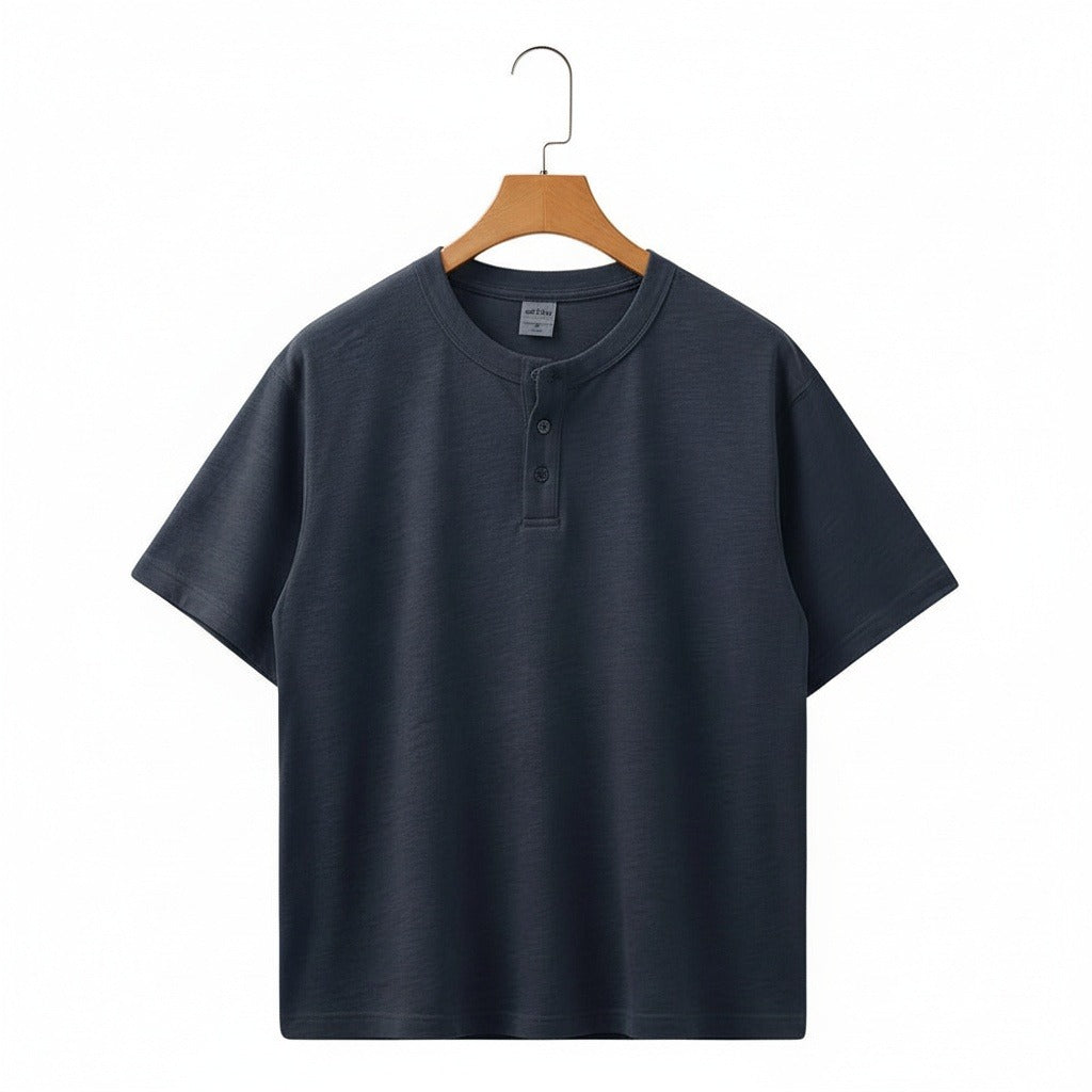Short Sleeve Henley T Shirt - Deep Sea Blue - Front View