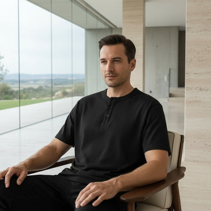 Short Sleeve Henley T Shirt - Black - Side Profile