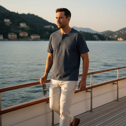 Short Sleeve Henley T Shirt - Deep Sea Blue - Angled Shot