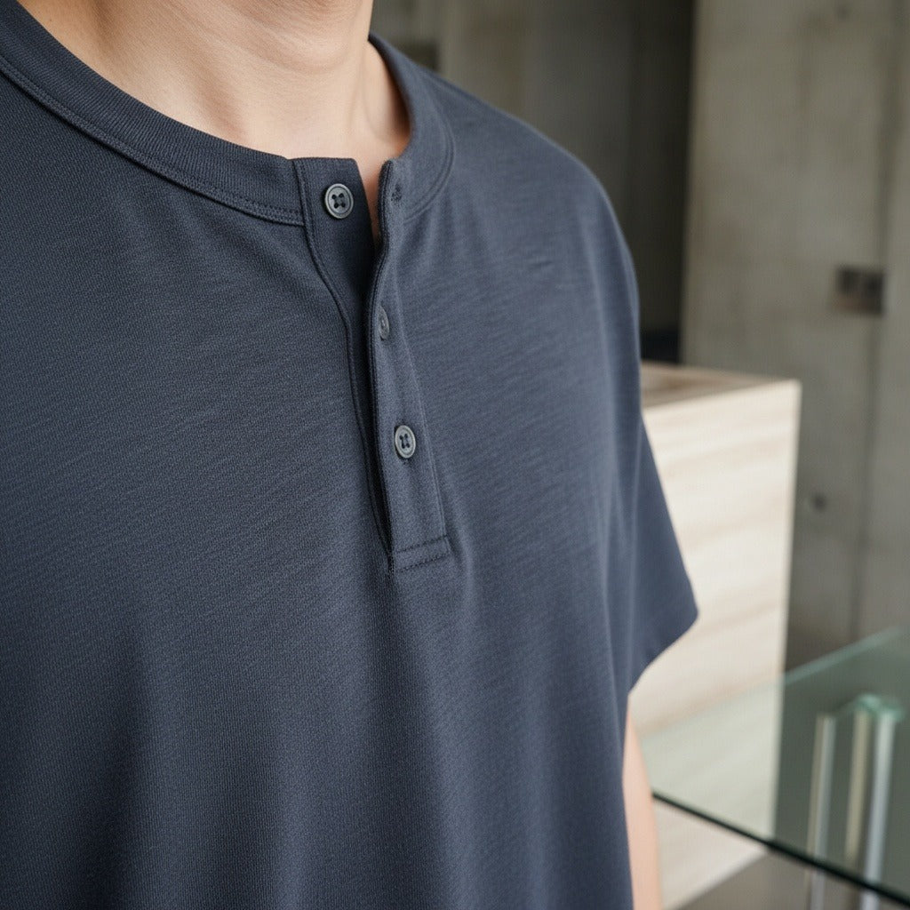 Short Sleeve Henley T Shirt - Deep Sea Blue - Back View