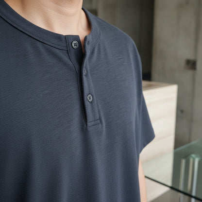 Short Sleeve Henley T Shirt - Deep Sea Blue - Back View