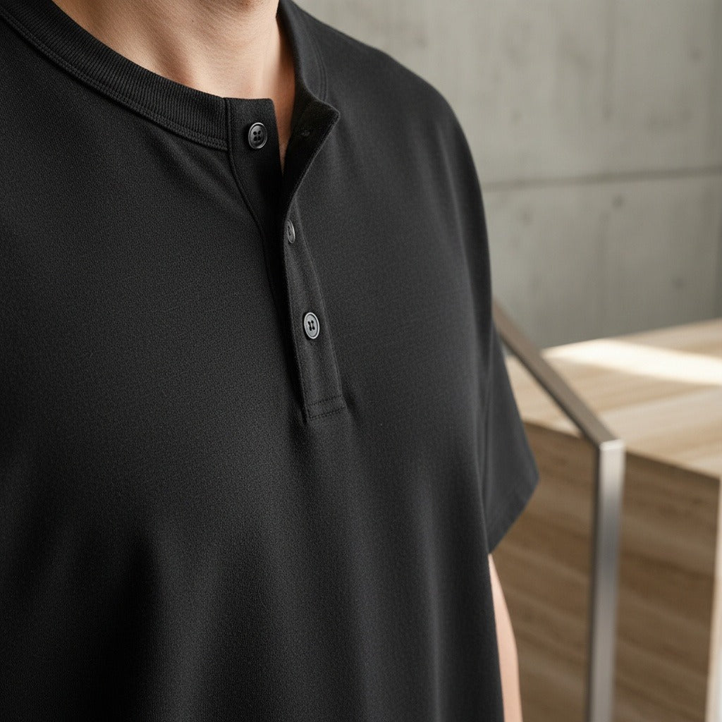 Short Sleeve Henley T Shirt - Black - Back View