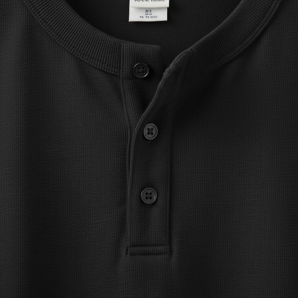 Short Sleeve Henley T Shirt - Black - Texture Close Up